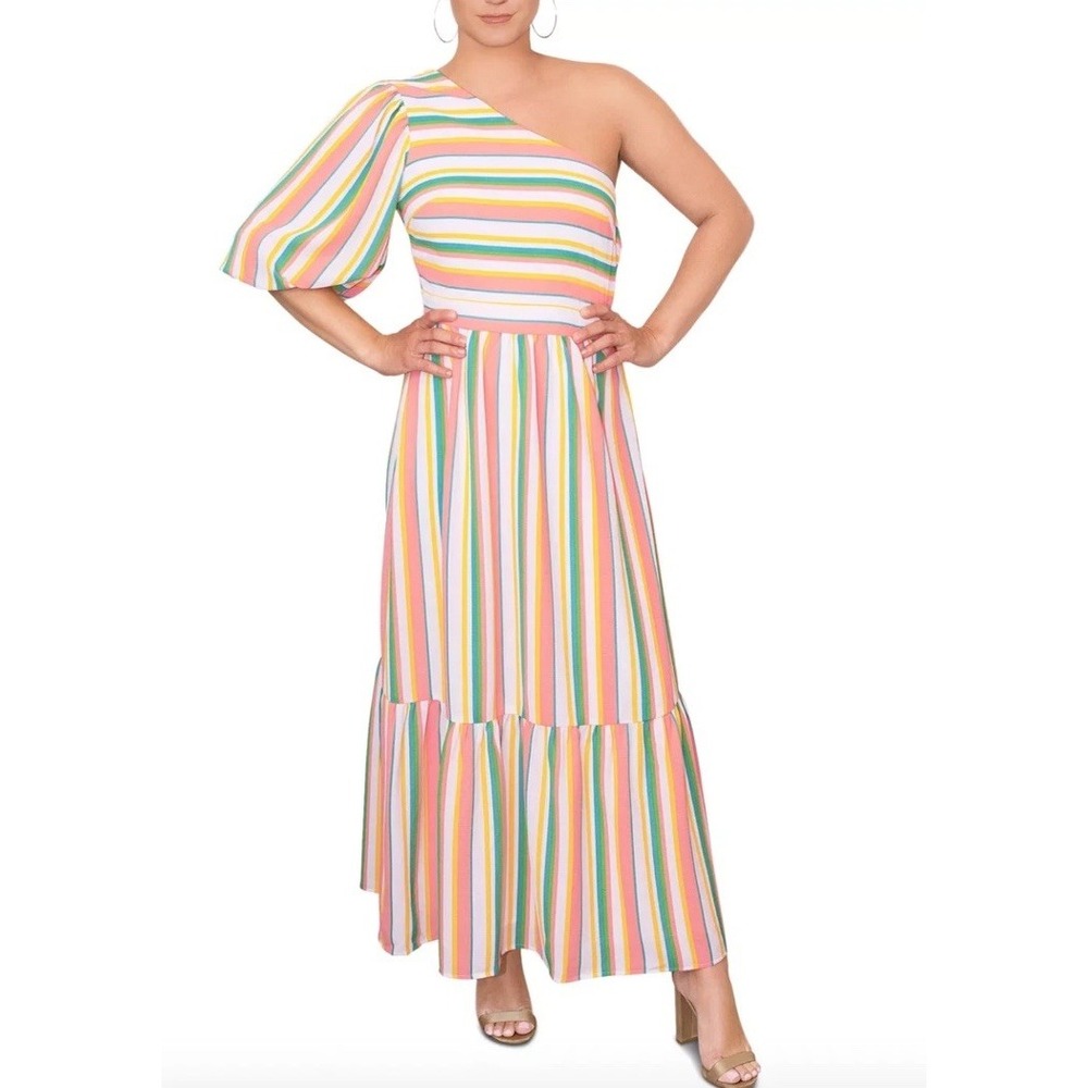 RACHEL RACHEL ROY Women's Stripe One Shoulder Puff Sleeve Maxi Dress
